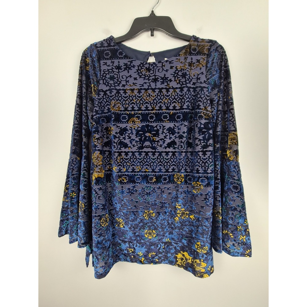 Eci Women's Crushed Velvet Boho Top Size‎ M Blue Floral Print Flare Sleeve Gypsy